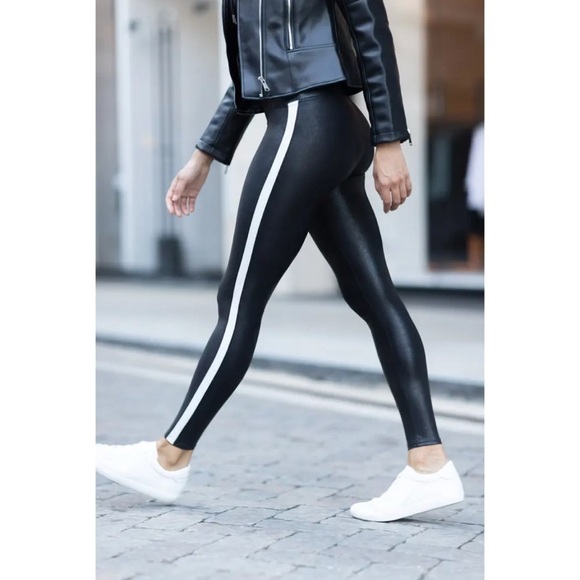 SPANX Pants - SPANX Black Faux Leather Leggings with White Stripe